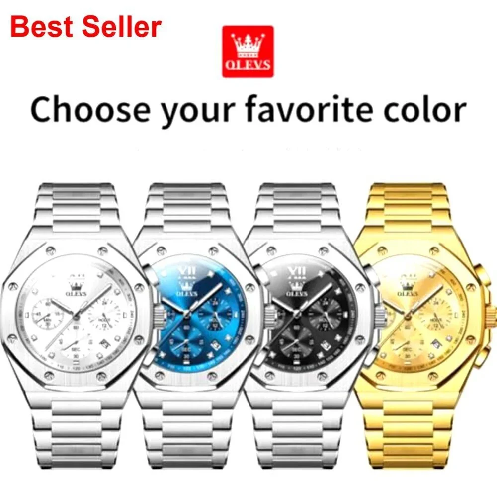 Stainless Steel Analog Chronograph Watch with Date Display and Luminous Hands